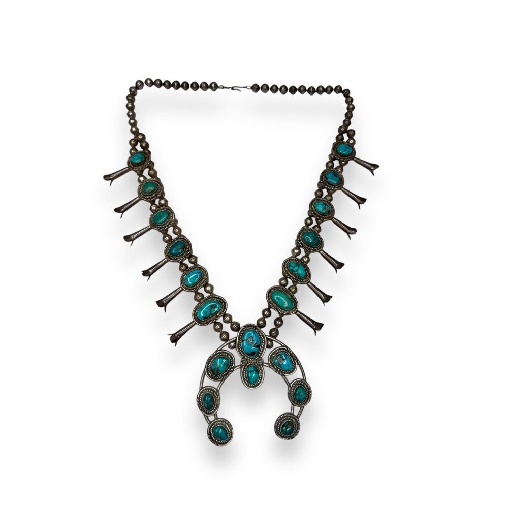 Old Pawn Navajo Sterling Turquoise Squash Blossom Necklace 26" 185g Vintage